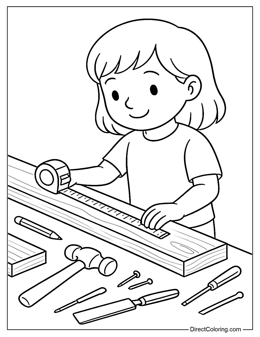 Coloring page of a girl using a tape measure to measure a long wooden bar on a neat workbench.